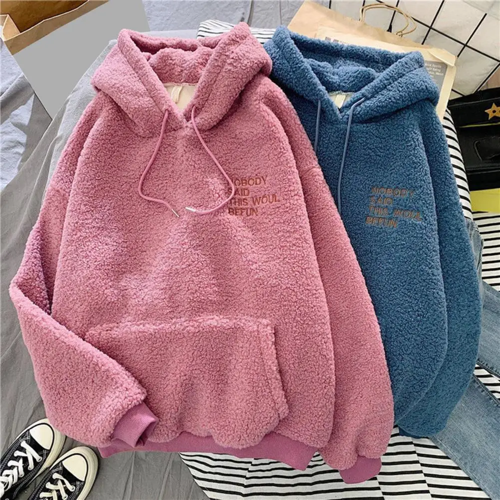 Casual Hooded Sweatshirt Cozy Fall Winter Women\'s Hoodie with Drawstring Patch Pocket Warm Fleece Pullover with Letter for Cold