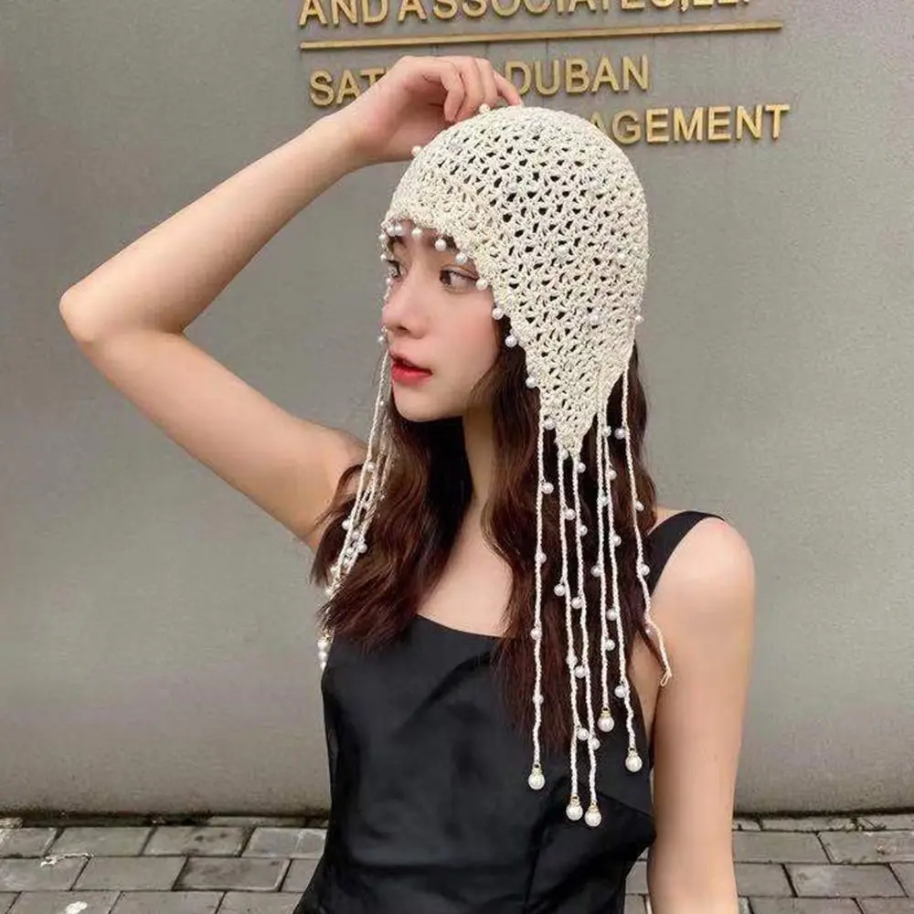 Cute Handmade Crochet Hats Ethnic Pearl Bun Hats Breathable Retro Knitted Caps Summer