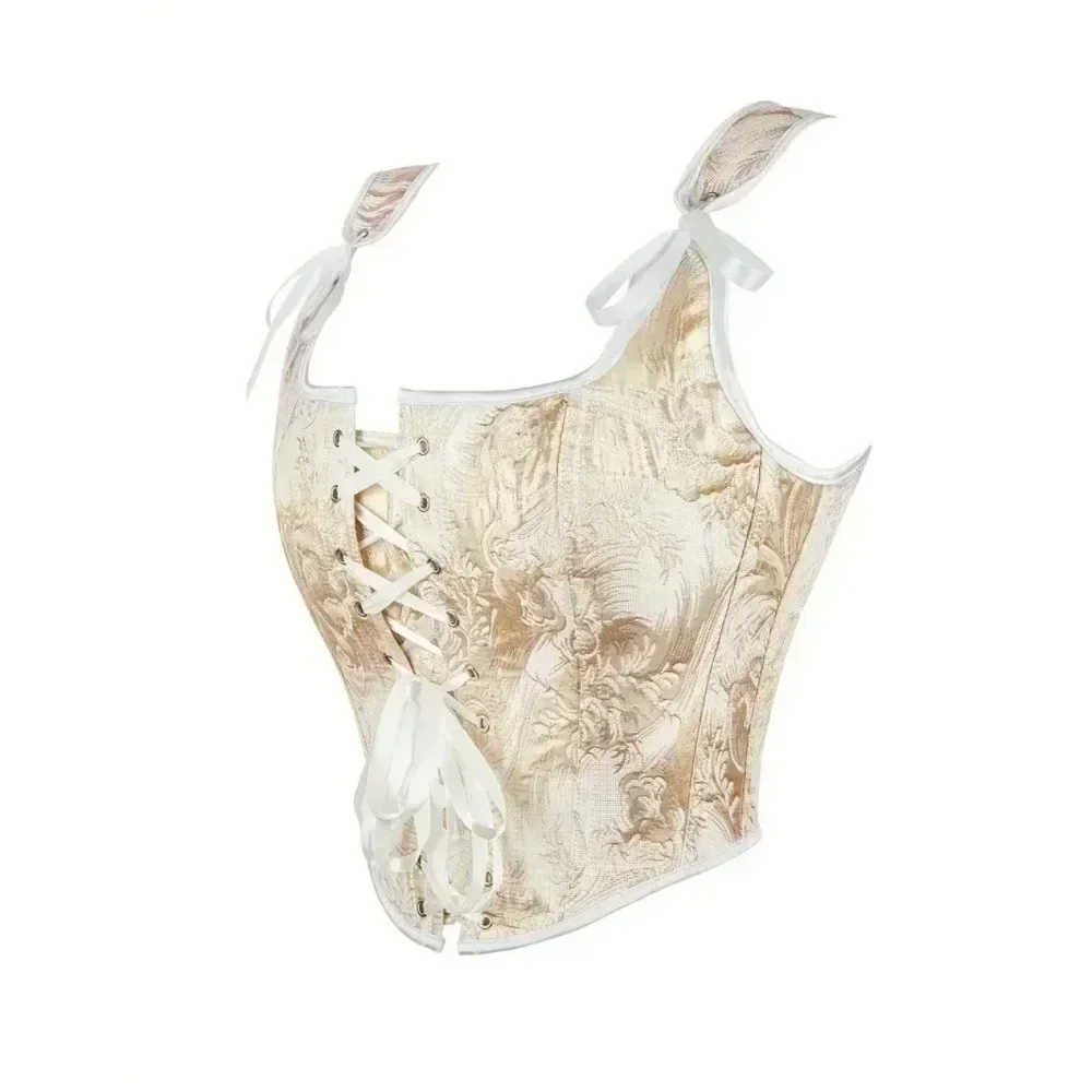 Moda donna stampa oro tracolla Korset overbust corsetto gilet dimagrante body shaper lace-up bustier sexy crop top costume