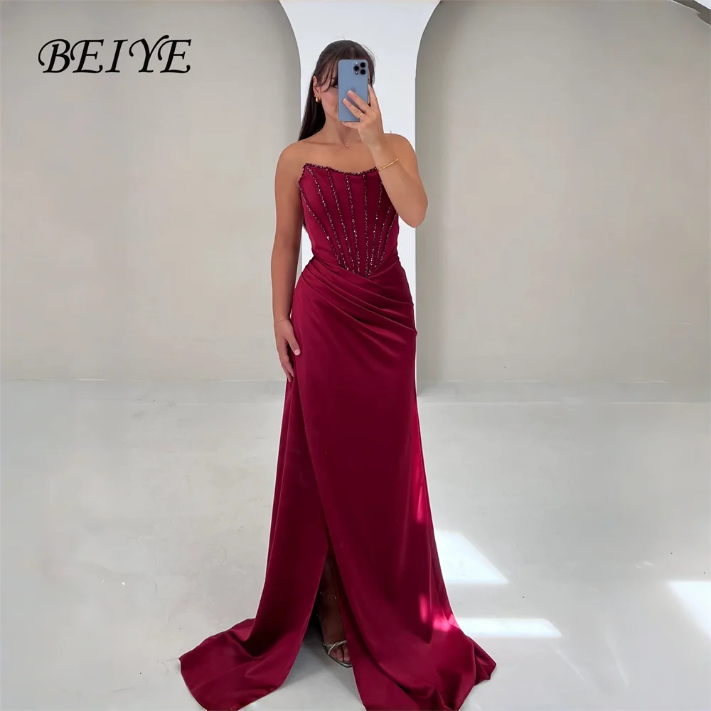 

BEIYE Elegant Red Beading Mermaid Evening Dresses Boat-Neck Sleeveless Slit Formal Party Gown Customized فساتين سهرات