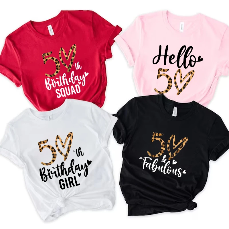 Women T-shirt 50th Fabulous Birthday Year Squad T-shirts Female Birthday Party Matching Tees Leopard Graphic Tops Y2k Clothing