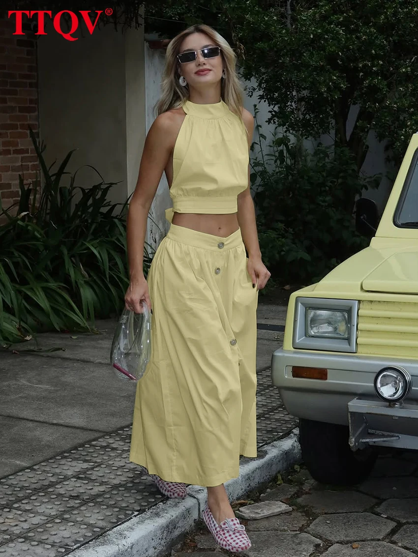 

TTQV Fashion Loose Yellow Cotton 2 Pieces Set For Woman 2026 Elegant Sleeveless Tank Top With High Waist Long Skirt Set Female