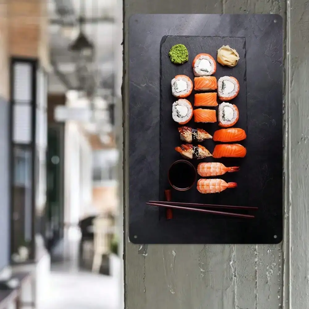 Letrero de hojalata para Sushi, decoración japonesa para cocina/comedor, diseño de peces frescos/gamba, 8x12 pulgadas/20x30cm, 1 ud.