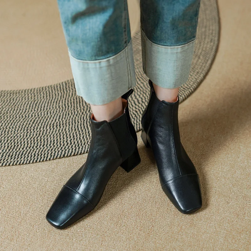 

Square Toe Woman Ankle Boots French Style Winter Boots Autumn Spring Basic Botas Real Leather Elegant Shoes Cowhide Shoes