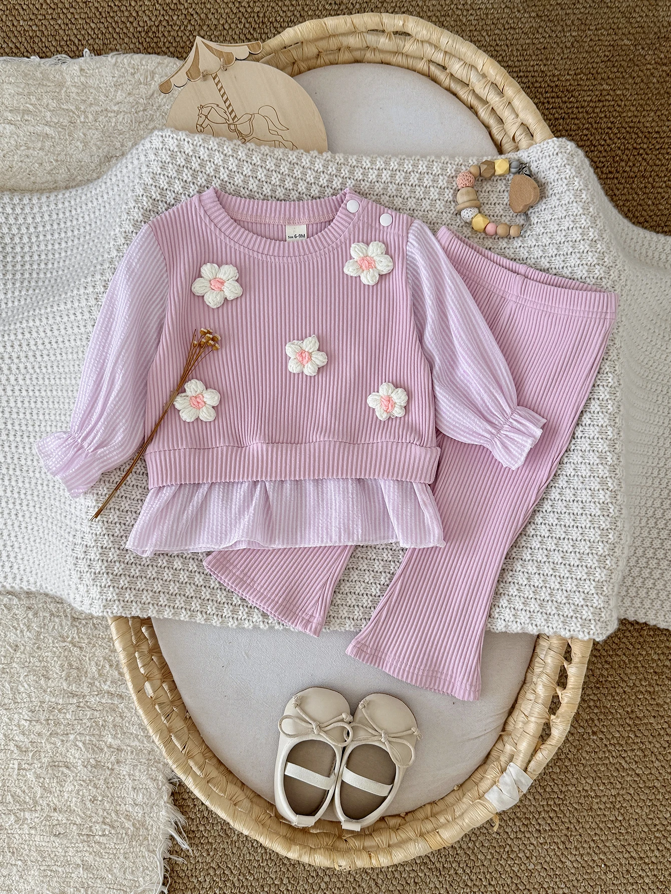Spring Autumn Ins Princess Pink Vertical Stripe Flower Set, Toddler Ruffle Cuff Gentle Daily Casual 2PCS Outfit For Girls