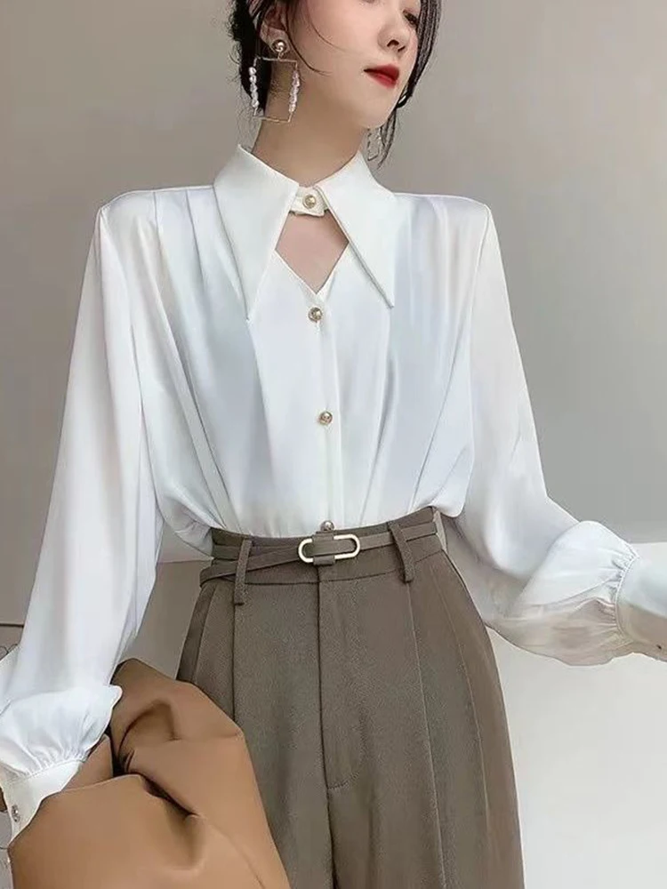 Zoki Sexy Hollow Out Women Satin Shirt Elegant Long Sleeve Casual Office Lady Blouse Korean Fashion All Match Loose White Tops