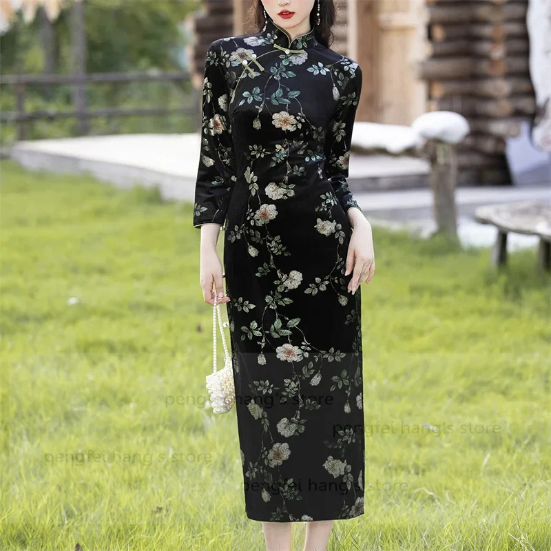 

Long Sleeve Chinese Style Dress Autumn Winter New Chesongam Women Elegant Flower Print Qipao Banquet Vestidos Hanfu Dress