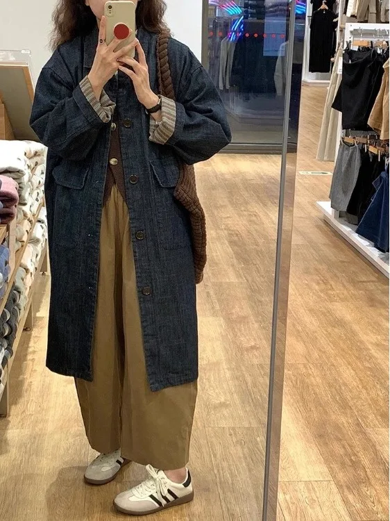 معطف نسائي من قماش الدنيم الأزرق من Sli ملابس خارجية متوسطة الطول للخريف والشتاء النسخة الكورية فضفاضة تناسب طويلة Sve