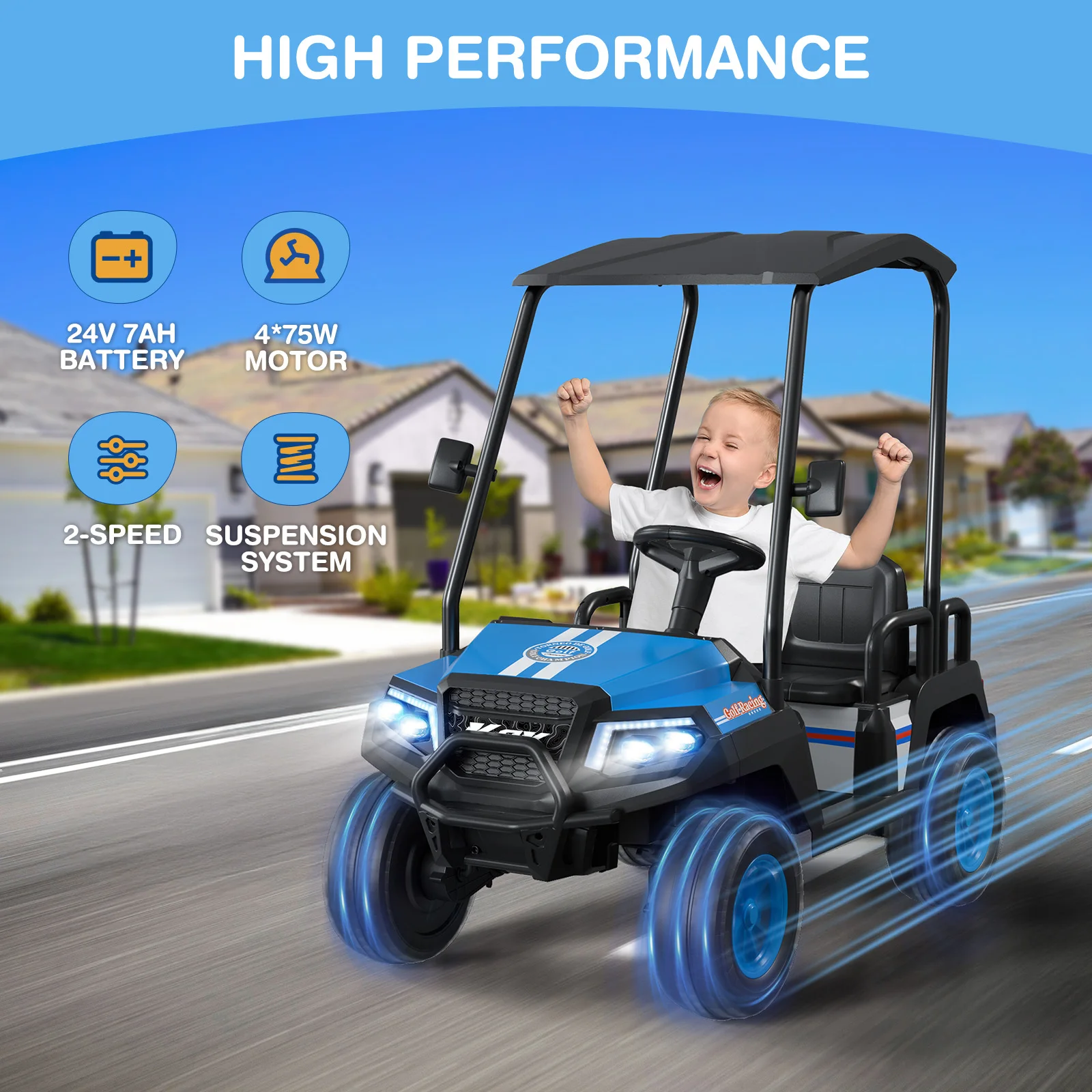 24V Ride-on Toys for Big Kids, 4-Seater Golf Cart, 264 Lbs Capacity, 4WD w/Remote, Awning, Suspension, Music & Power Display