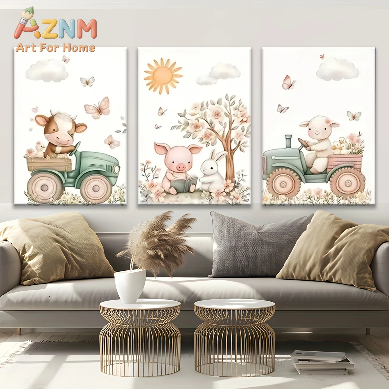 AZNM Farm Animal Canvas Wall Art Cow Pig Sheep Tractor Butterfly Floral Tree Frameless Canvas Painting Nursery Kids Room Home De