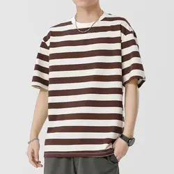 Modne minimalistyczne nowe letnie koszulki męskie wokół szyi w paski z krótkim rękawem luźna moda Harajuku wszechstronne Casual topy sportowe