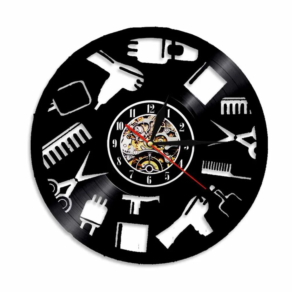 Barbershop Vinyl Record Wall Clock Silent Quartz Watch Hair Salon Tool Gift for Hairdresser Barber with Scissors And Hairdryer D