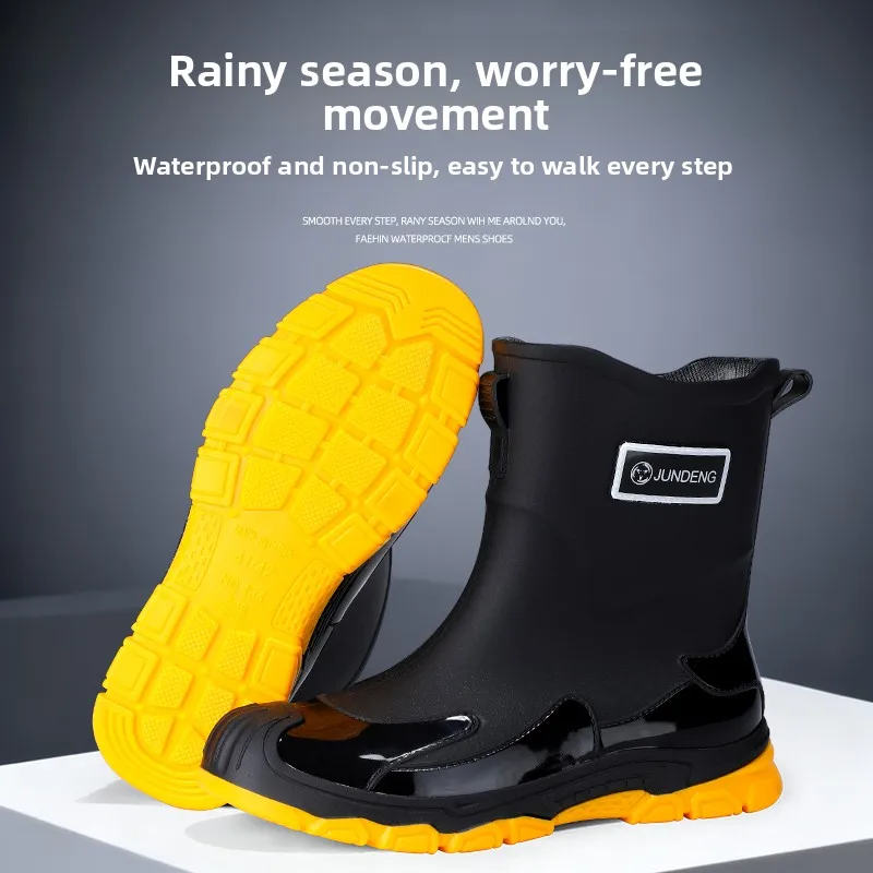 Men's Mid-Calf Fleece Lined Detachable Waterproof Non-Slip Wear-Resistant Outdoor Work Rubber Boots Four Seasons Rain Boot Co...