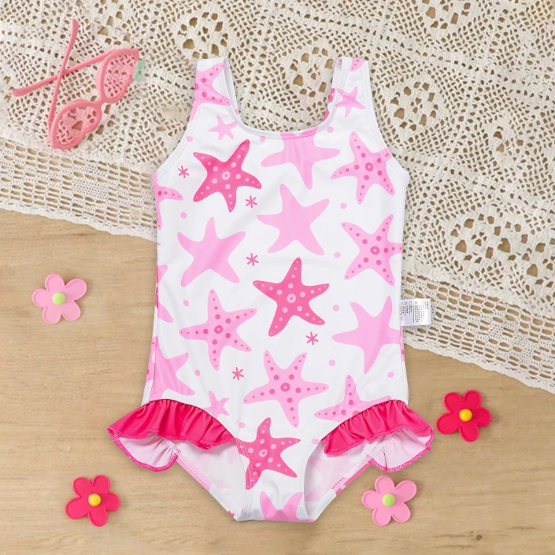 

Cute Toddler Girls One Piece Swimsuit Pentagram Starfish Print Adjustable Kids Bath Suit Comfortable Beach Swimwear for Summer