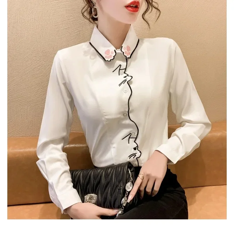 Spring Pattern White Shirt Women Tops Autumn Long Sleeve Embroidery Women Blouses Shirt Office Girl Shirt Female Blusa