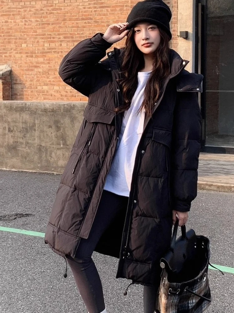 2025 New Down Jacket Women Korean Casual Loose Long Over Knee Hooded Parkas Winter Thicken Wear White Duck Puffer Coat Outerwear