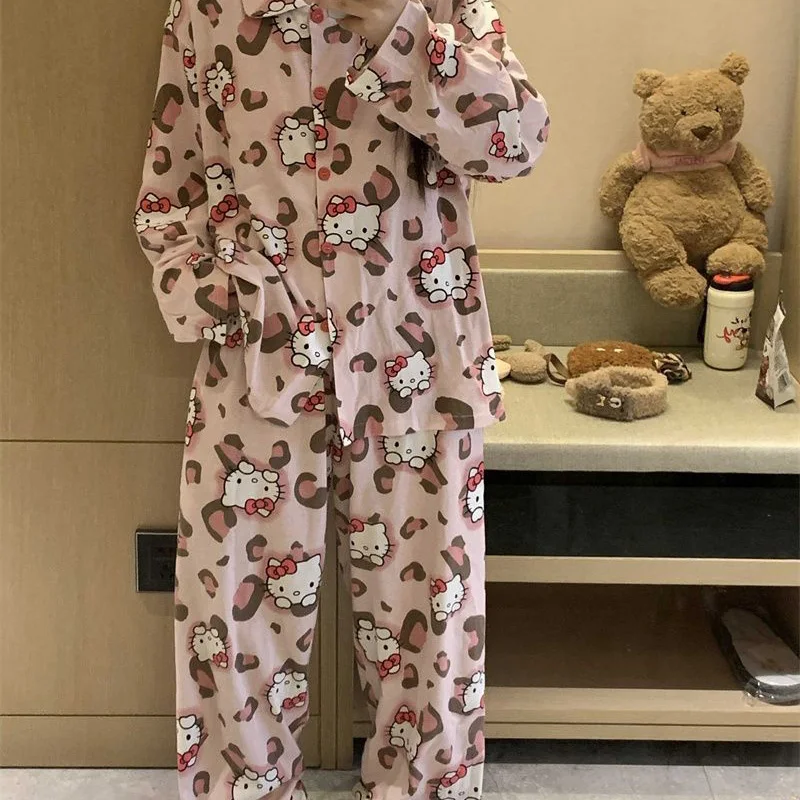 Cartoon Sanrio Hello Kitty Girls Pajamas Kawaii Anime Pink Leopard Good-looking Home Long Sleeved Pants Home Clothing Gifts Toys