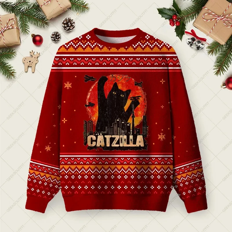 

2026 Мужской уродливый рождественский свитер с 3D принтом кошки и рождественской елкой, повседневный теплый пуловер унисекс с забавными животными, джемперы