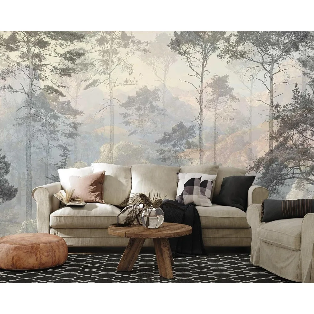 Abstract Nature Landscape Wall Mural, Hazy Forest Wallpaper, Non-Adhesive Background Wall Decoration Patterns