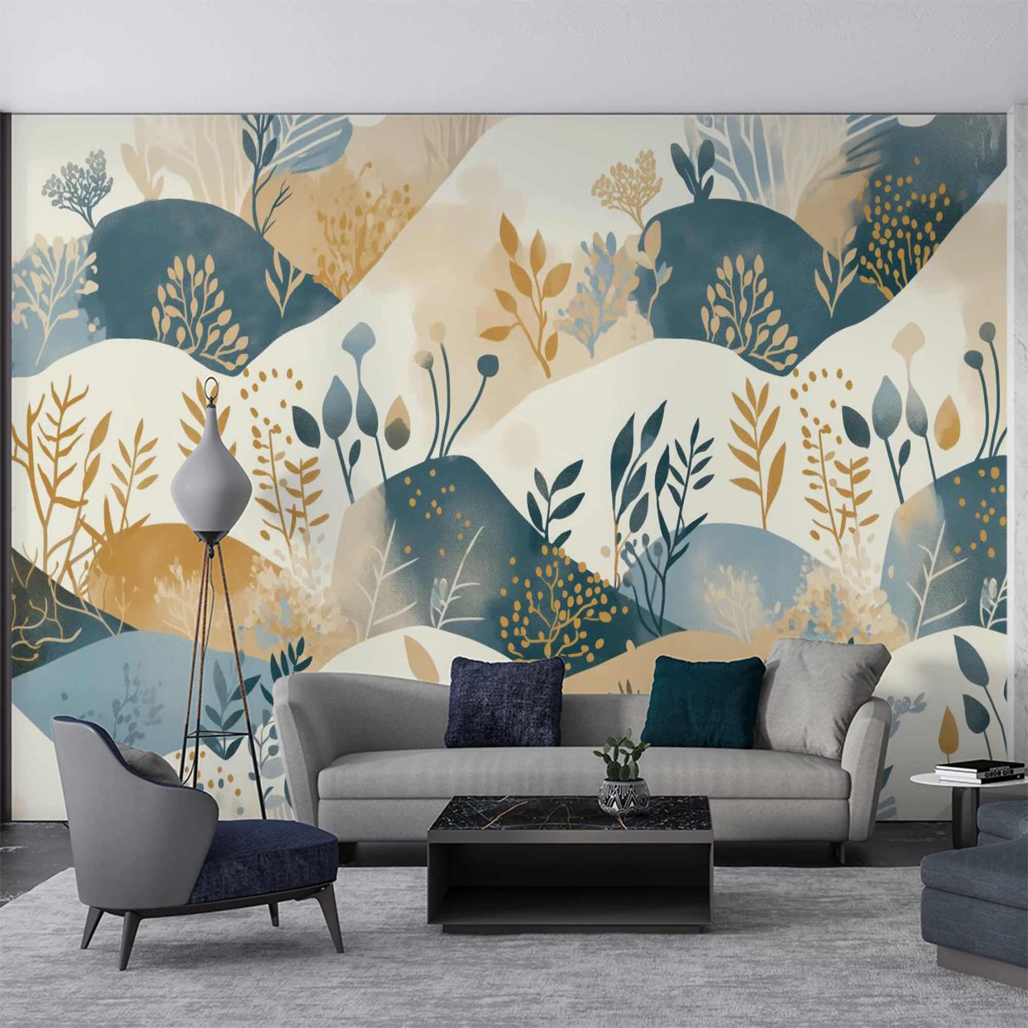Custom Mural Wallpaper Abstract Boho Mountain Leaf  Mural, Blue Beige Botanical Wall Paper for Living Room Bedroom Home Decor