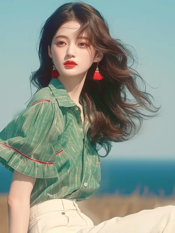 Zomer Frans chic overhemd Uniek temperament Veelzijdig groen gestreept overhemd met pofmouwen