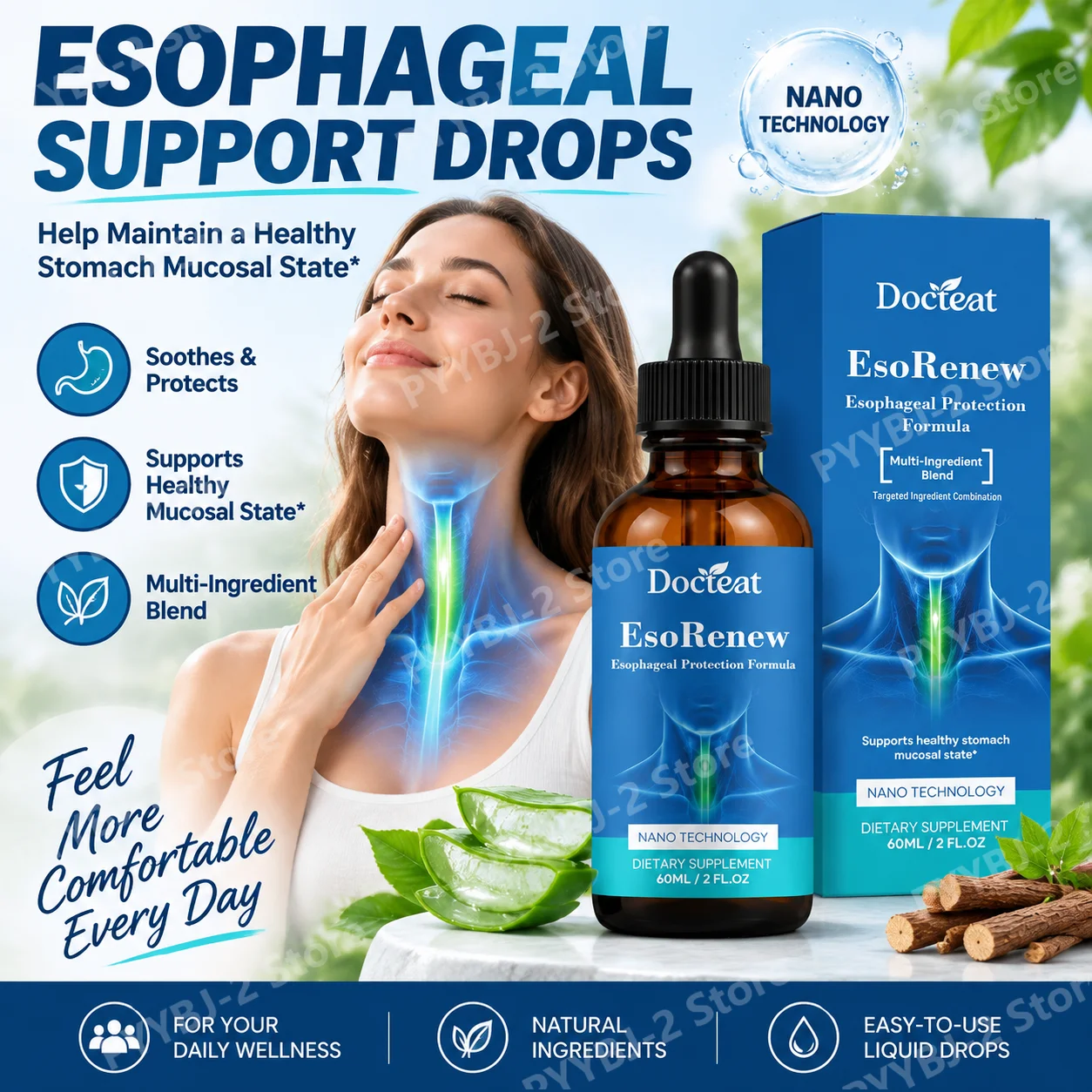 Docteat EsoRenew Esophageal Protection Drops with Aloe Vera Inner-Leaf Gel Extract and Quercetin, Upper Digestive Wellness 60 Ml