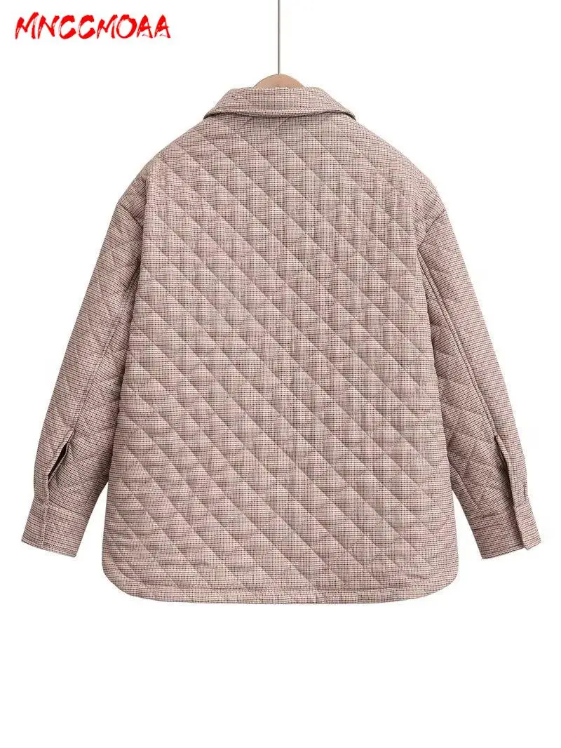 MNCCMOAA-Women\'s Vintage Plaid Long Sleeve Parkas, Female Solid Color Casual Pockets Top Outerwear, Autumn Winter Fashion 2024
