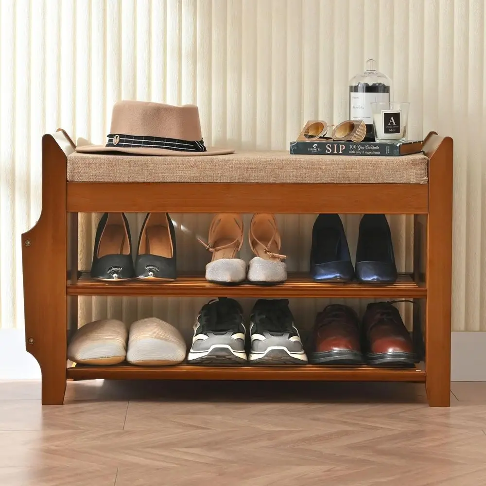 Bamboo 2-Tier Shoe Storage Bench Organizer for Entryway, Hallway, and Living Room