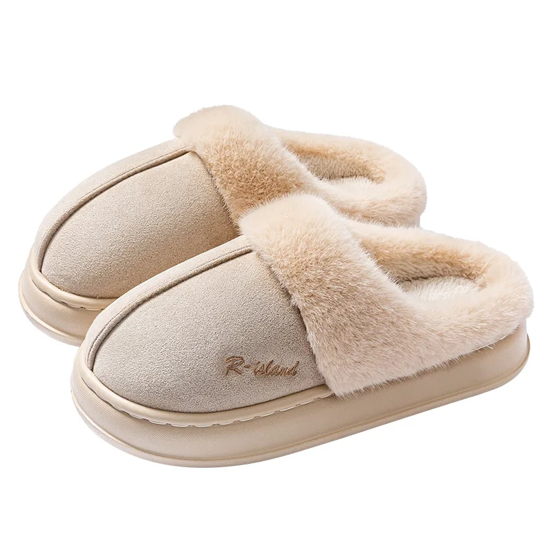 Winter plush slippers women\'s indoor non-slip warm cotton slippers fur fluffy flat bottom home slide men\'s casual furry shoes