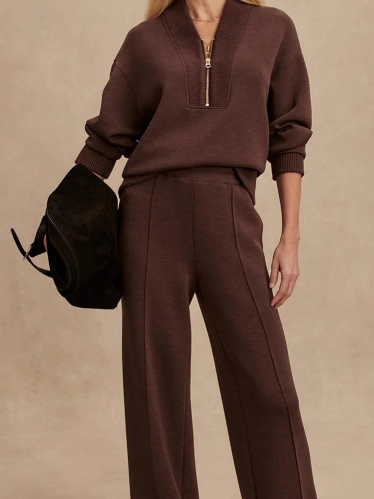 

Vintage Casual Solid Color Commute Sport Sets Fashion Lady Long Sleeve Pullover&Pants Set Autumn Winter New Women Simple 2 Piece