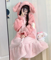 Sweet Hooded Princess Pajamas Women Winter Coral Velvet Thick Cute Bathrobe Nightdress Pink Kawaii Cartoon Nightgown Homewear