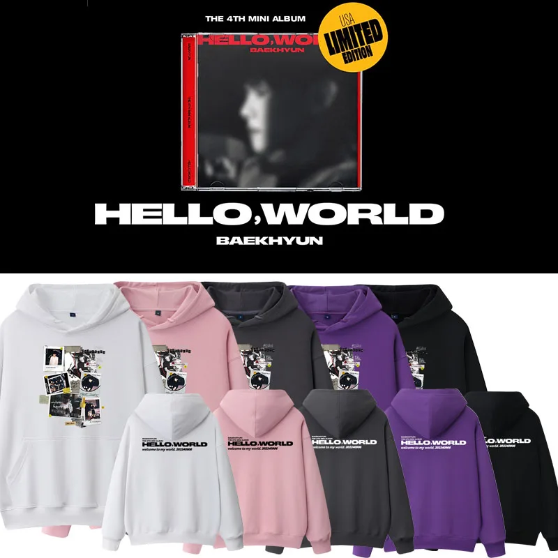 

EXO Baekhyun Album Hello World Весна Осень Зима Свободная толстовка с капюшоном Толстовка на голову Хлопковый трикотаж Повседневная одежда для поездок на работу Sle