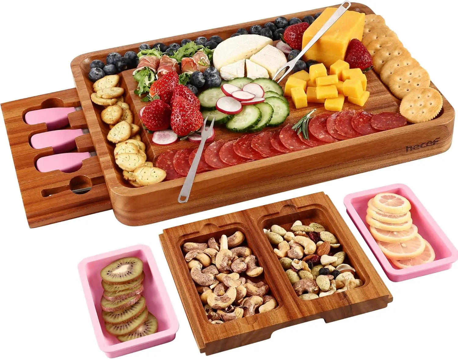 

Large Pink Wooden Charcuterie Board Set with Stainless Steel Knives and Pull-Out Drawers for Entertaining