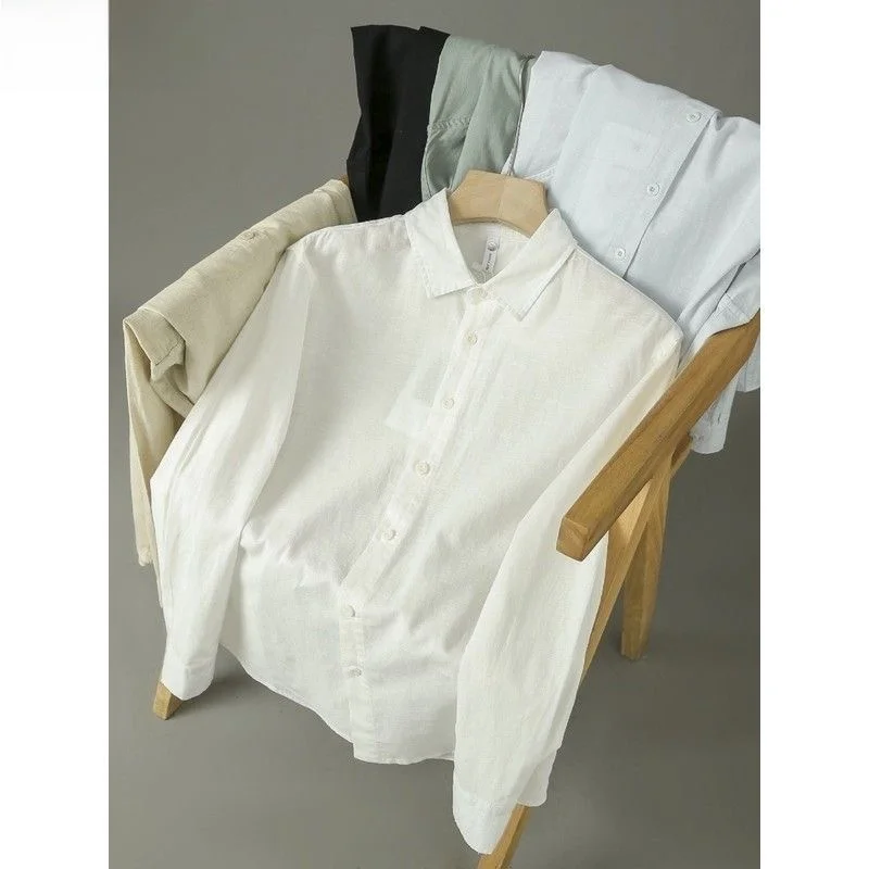  Cotton Linen Long Sleeve Shirt Men's Casual Washed Breathable Spring Autumn Business Pure Color Shirt Fashion Urban ...