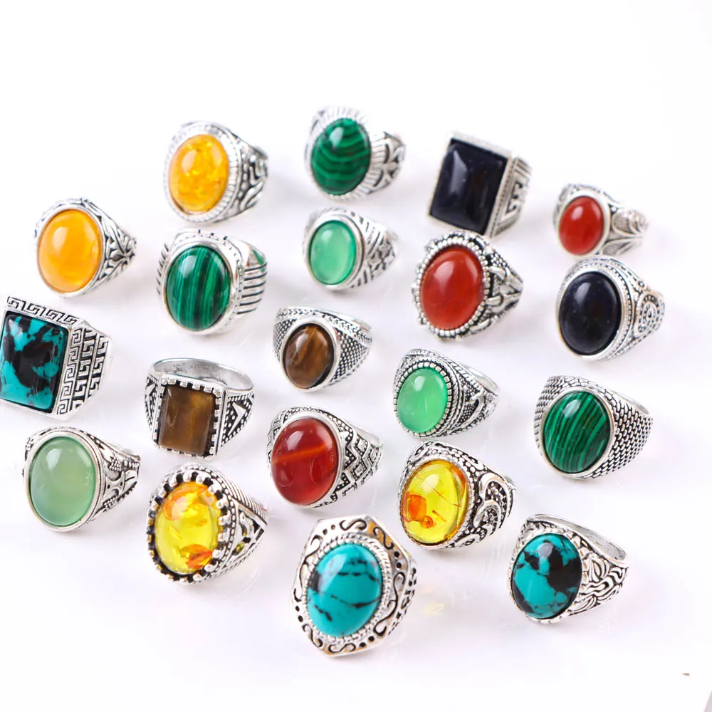 Wholesale 20Pcs/Lot Fashion Vintage Natural Stone Opening Ring For Women Men Retro Geometry Jewelry Party Gifts Mix Color