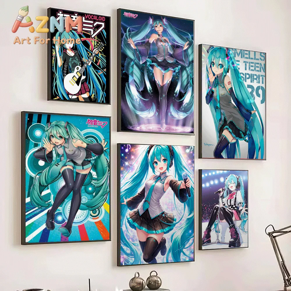 AZNM Hatsune Miku Rock Music Guitar Canvas Painting, Frameless Canvas Wall Art, Virtual Singer Anime Wall Painting for Bedroom view 4