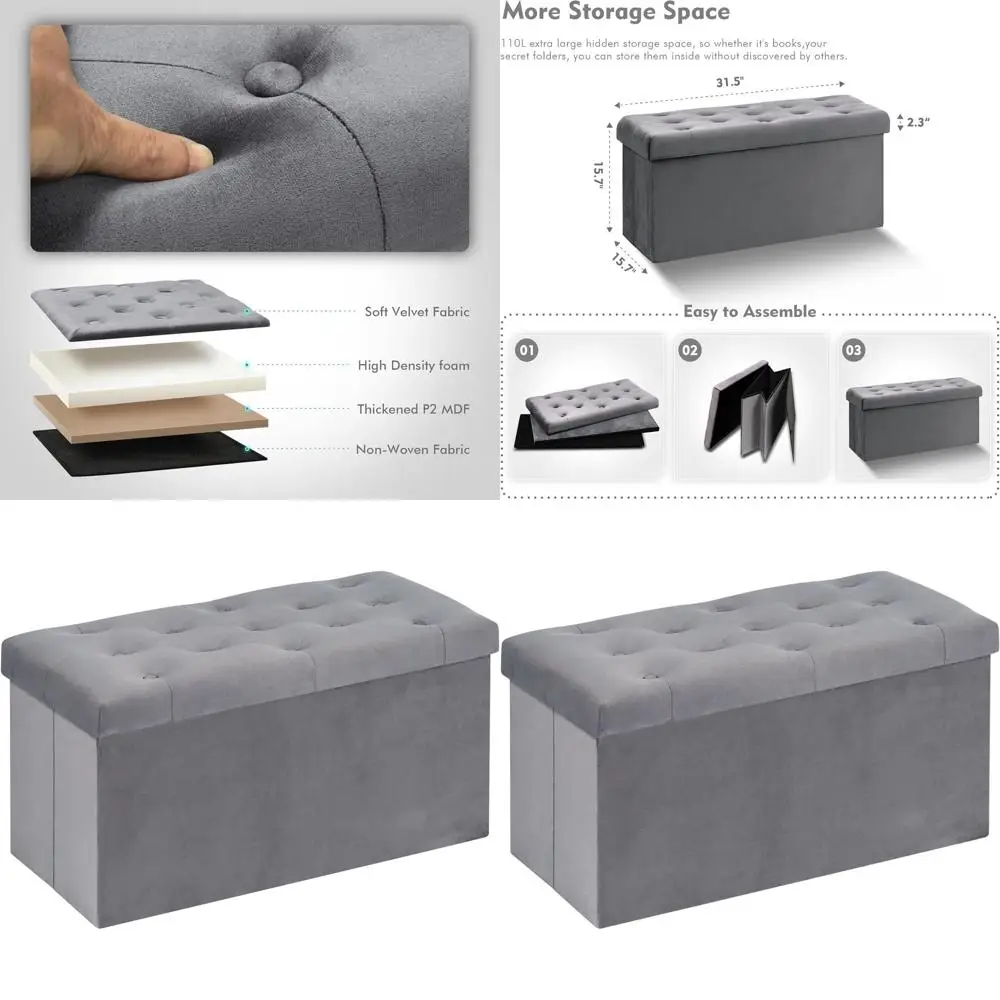 

Большая серая велюровая скамья-оттоманка для хранения, 31.5x15.7x15.7 дюймов, подставка для ног и сиденье