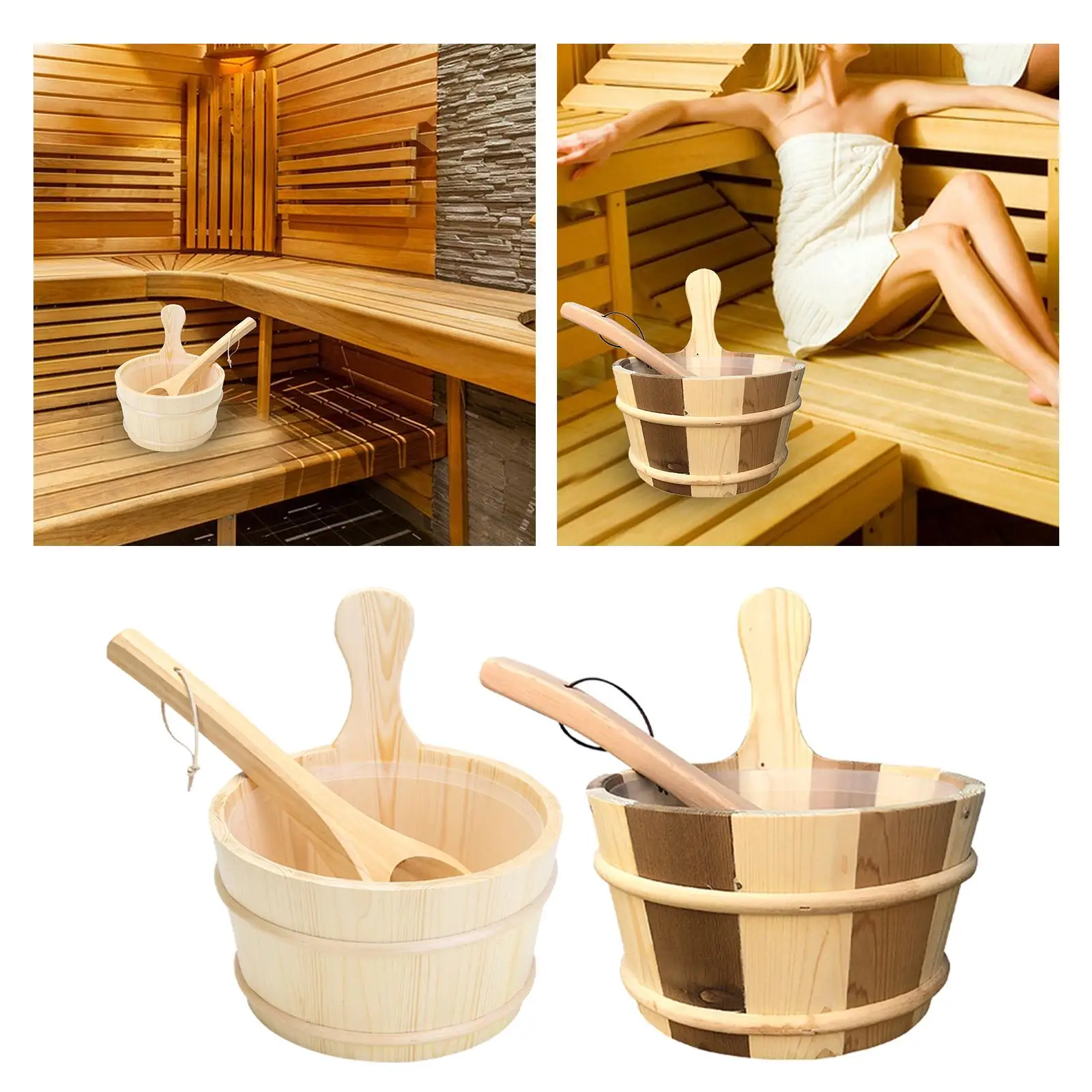 Handmade Wooden Sauna Bucket with Ladle Durable Bath Accessories Kit for Pool Spa Steam Shower