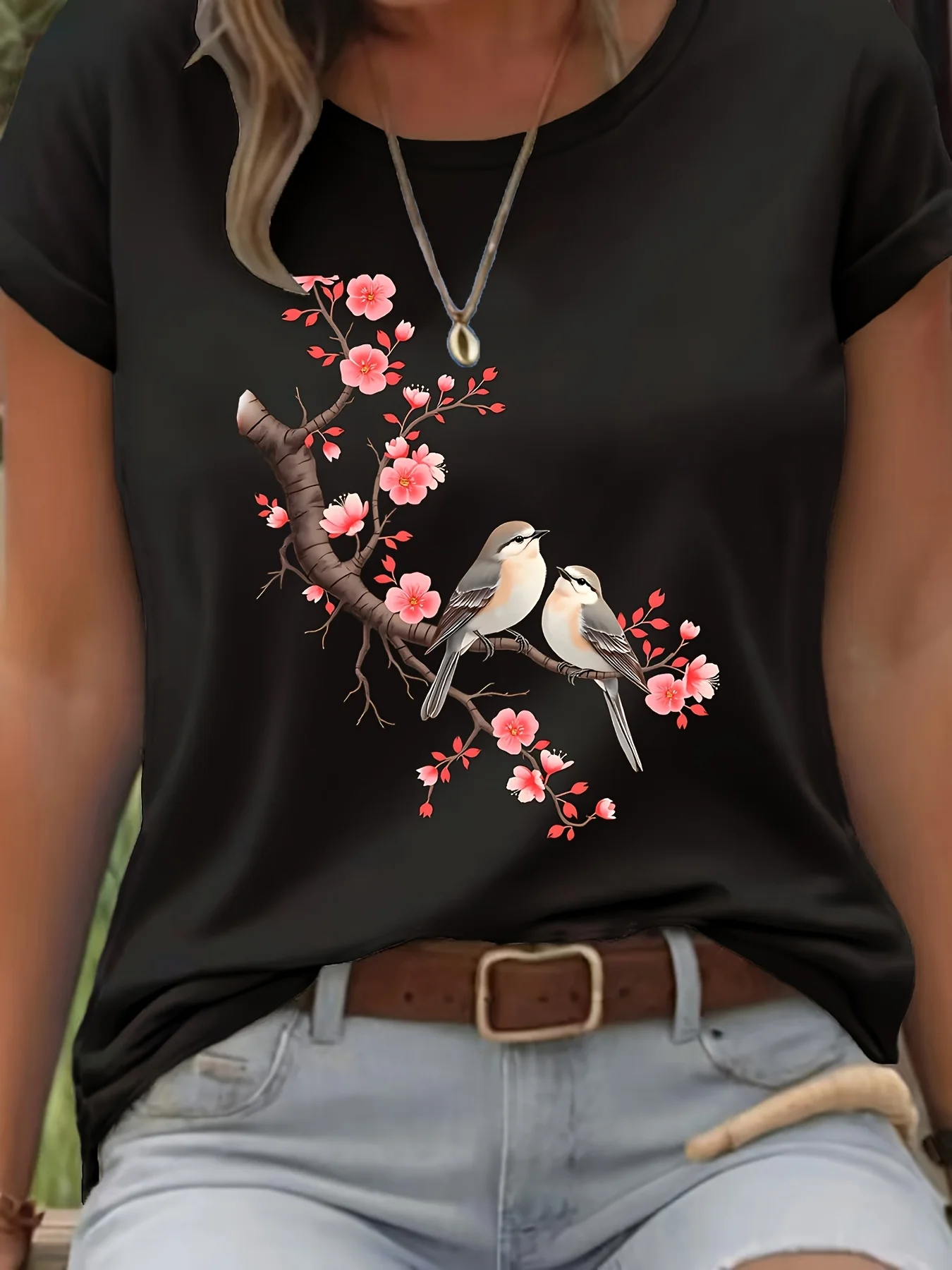 Women's Casual T-Shirt Cherry Blossom and Birds Graphic Soft Comfortable Breathable Summer Ladies T-Shirt Fashion Graphic Y2K