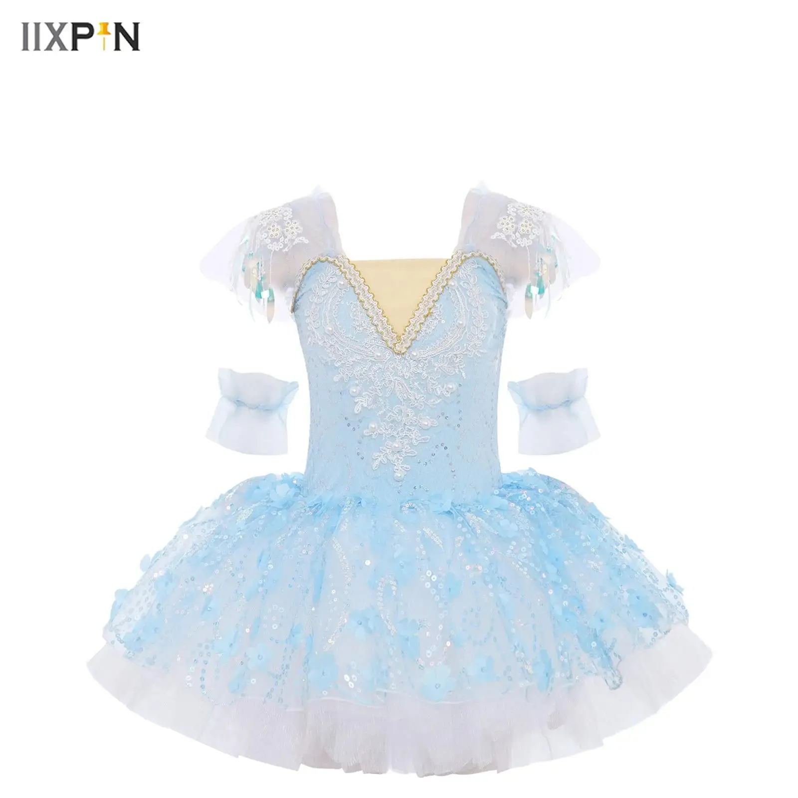 

Kids Girls Ballet Dance Performance Dress Ruffled Sleeves Applique Bodice Shiny Sequins Floral Layered Tulle Tutu Dress+Cuffs