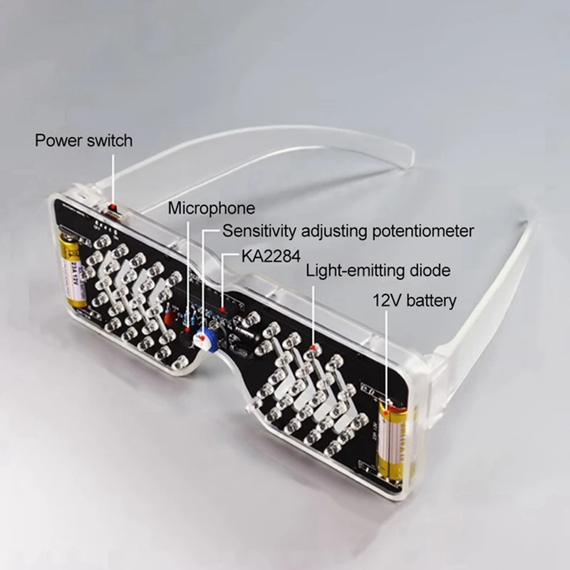 Kit de pratique de soudure de lunettes lumineuses, lunettes LED activées par le son, kit électronique de bricolage pour projet d'apprentissage