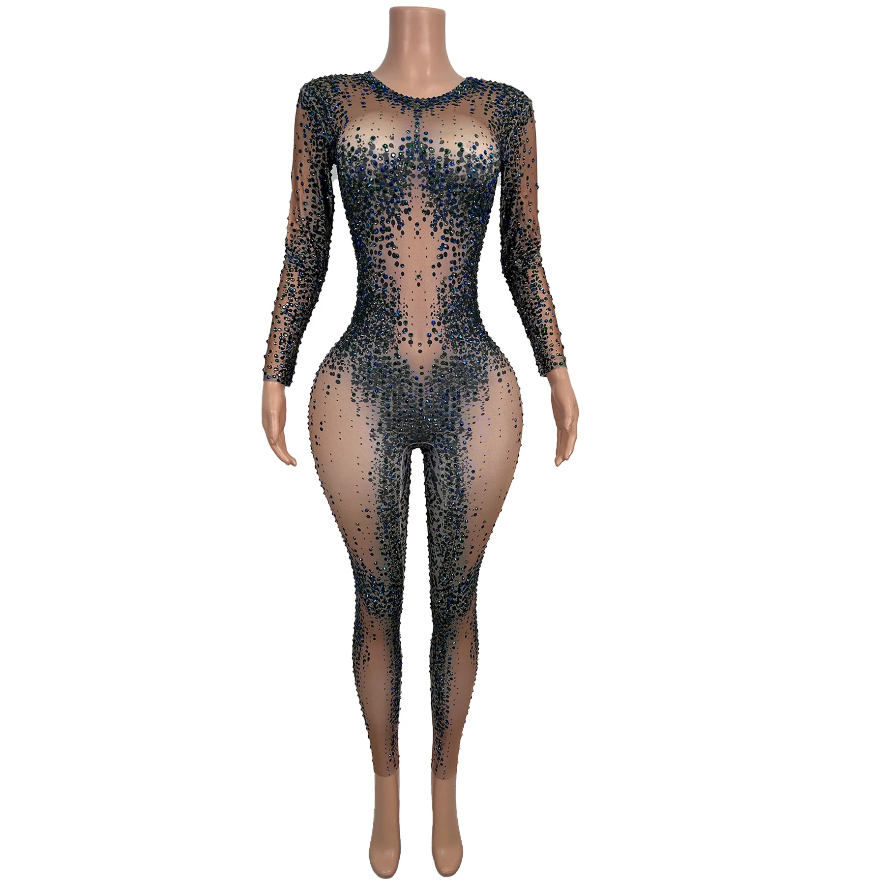 Qingting High Elasticity Women Jumpsuit Rhinestone Tight Pants Bar Stage Performance Costume Birthday Prom Music Festival Dress