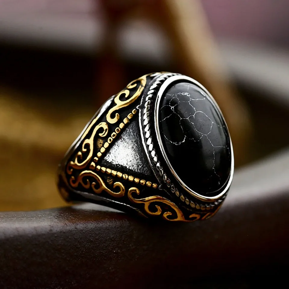 Gothic Vintage Stainless Steel Big Stone Ring Punk Hip Hop Fashion Natural Oval Opal Stone Rings For Men Biker Jewelry Wholesale