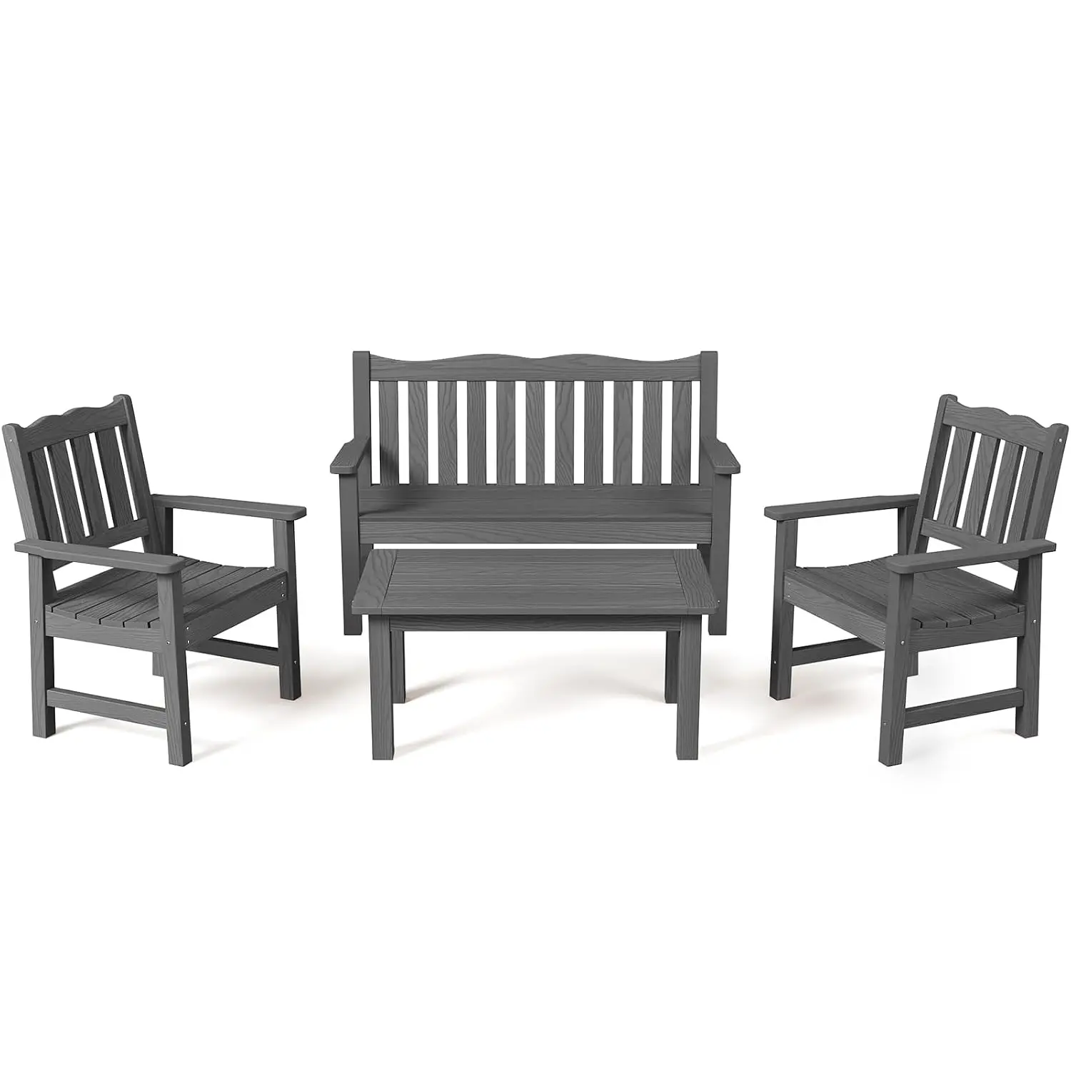 4-Piece Outdoor Patio Furniture Set All-Weather HIPS Bench Chair Table Grey, Customized