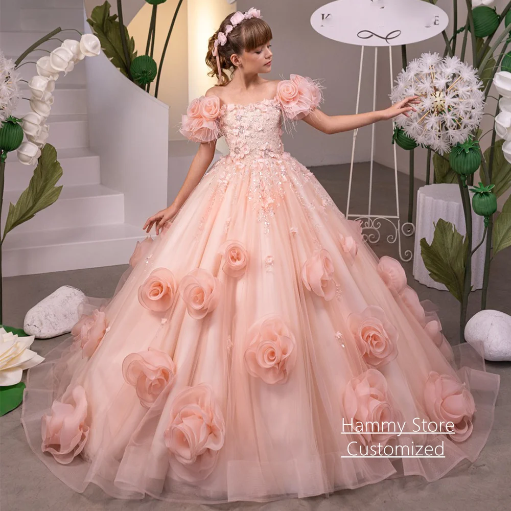 

Customized Ball Gown Flower Girl Dress Luxury Beading Feathers Off Shoulder Sweep Train First Communion Dresses Birthday Gown