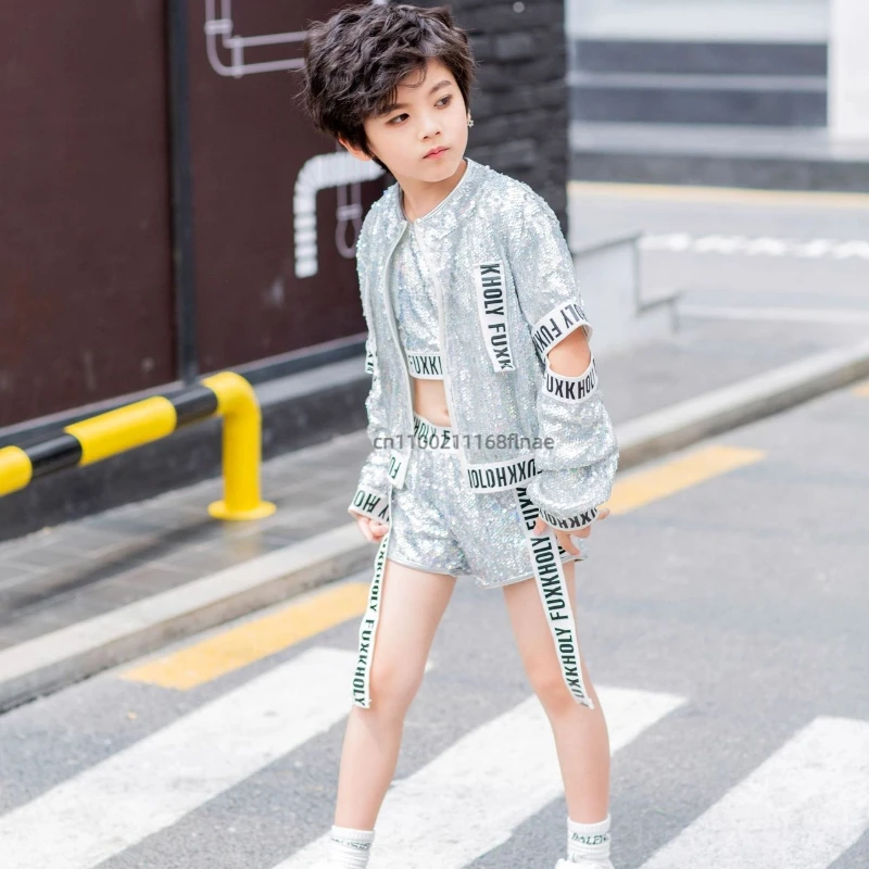 Trajes de desempenho de dança jazz infantil, trajes de desempenho de lantejoulas de dança moderna, conjuntos de dança de rua para meninos e meninas