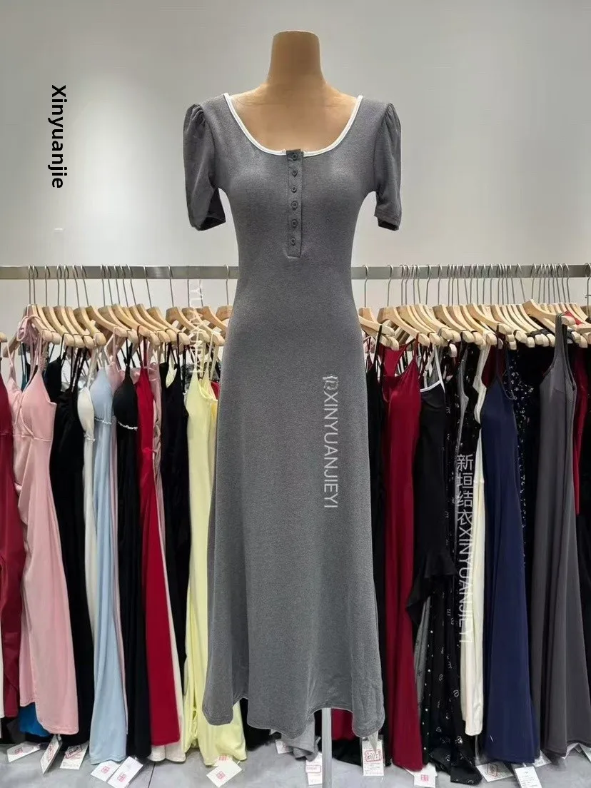 Estate lunga A-Line Dr Donna Bubble Sve Colletto quadrato Bal Dimagrante Coreano Sle Vita alta Tessuto morbido Abbigliamento da vacanza