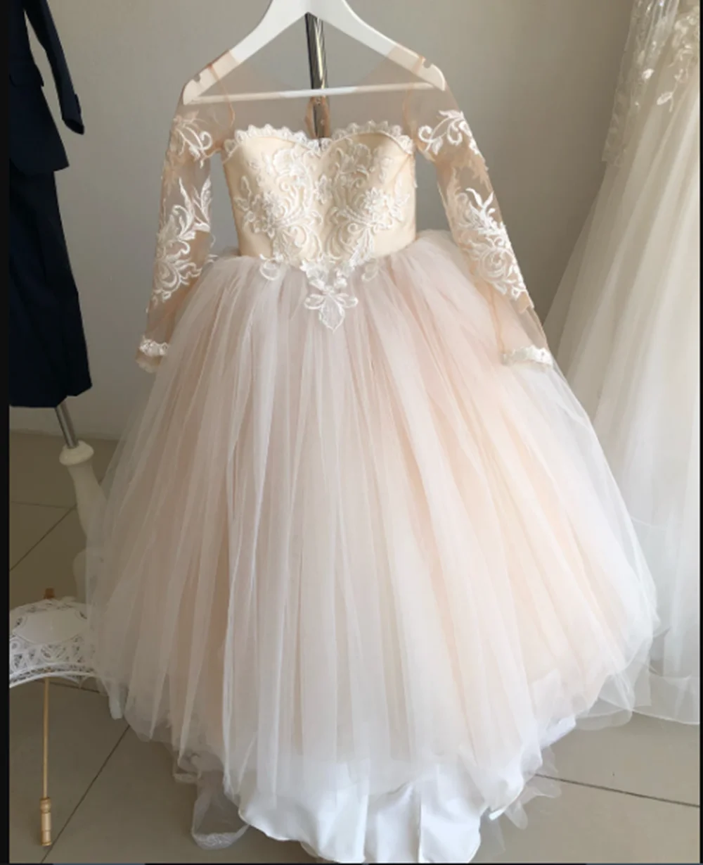 Vestidos florais de manga comprida para convidados de casamento, dama de honra infantil com laço branco marfim renda tule primeira comunhão
