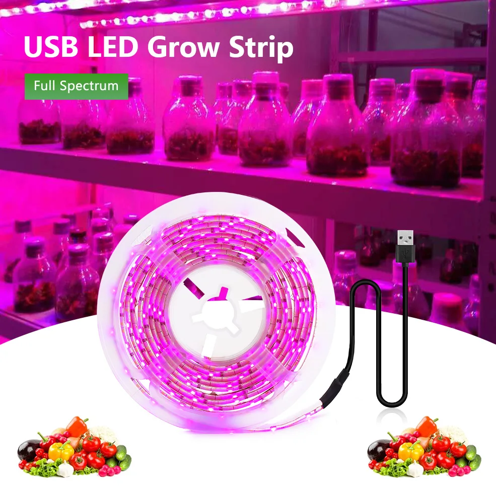 LED-Wachstumslicht, Vollspektrum, USB-Wachstumslichtstreifen, 0,5 m bis 5 m, 2835-Chip, LED-Phyto-Lampe für Pflanzen, Blumen, Gewächshaus, Hydrokultur
