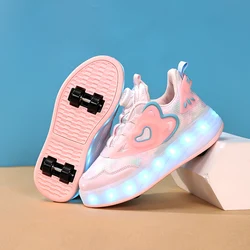 Childrens Skate Shoes USB Light Comfortable Roller-skating Sneakers Outdoor Sports Walking Girls Pink Roller Skate Shoes for Kid